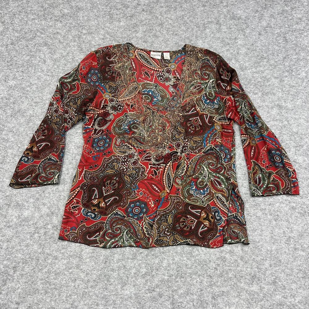 Chicos Blouse Womens Large Red Silk Paisley Tunic V Neck Beaded Sequin Preppy